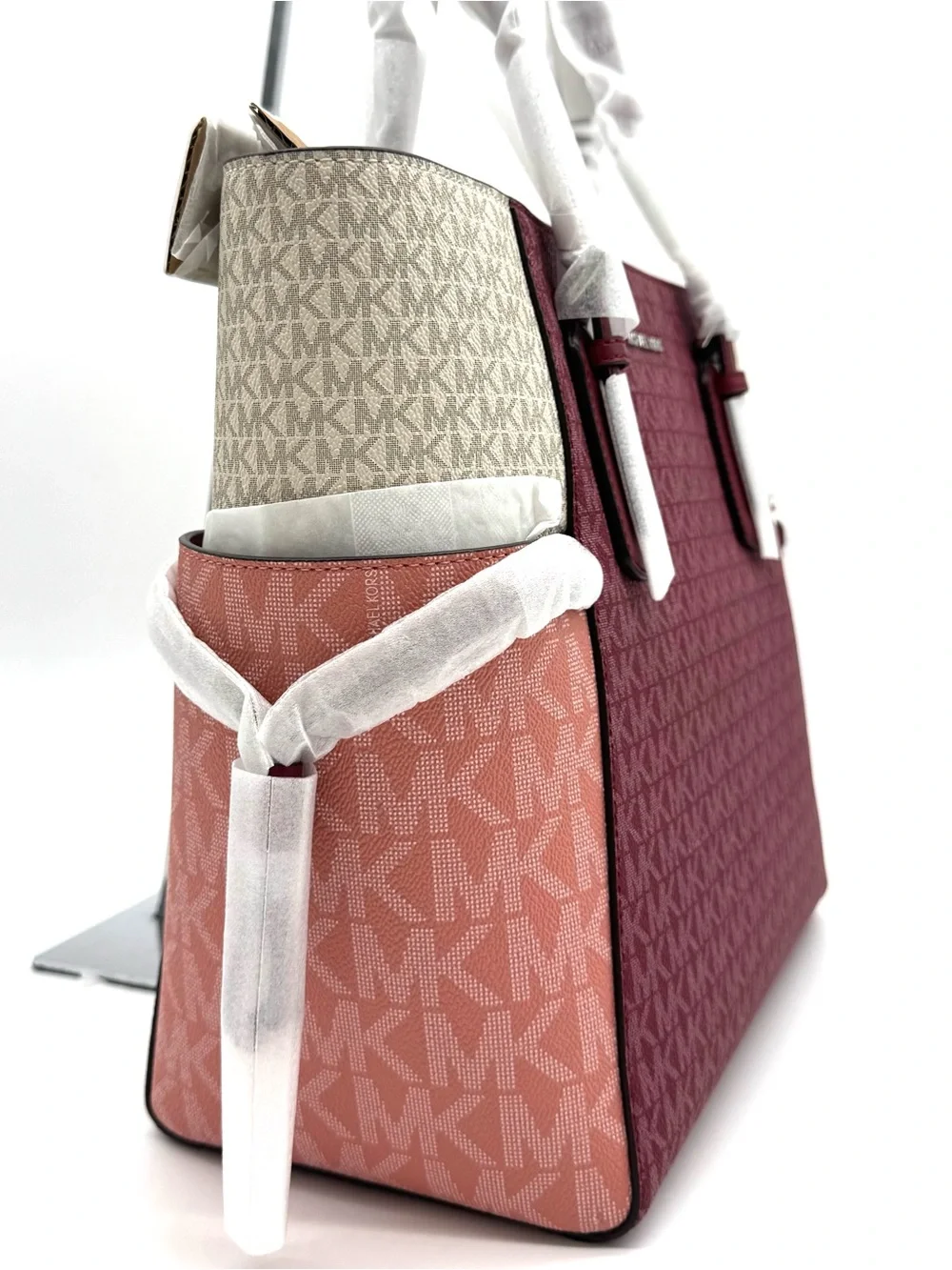 Michael Kors Voyager Large Color-Block Signature Logo Tote Bag - Maroon